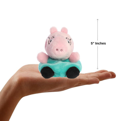 The miniature Daddy Pig plush sitting inside an open human hand displaying a 5-inch height indicator graphic.