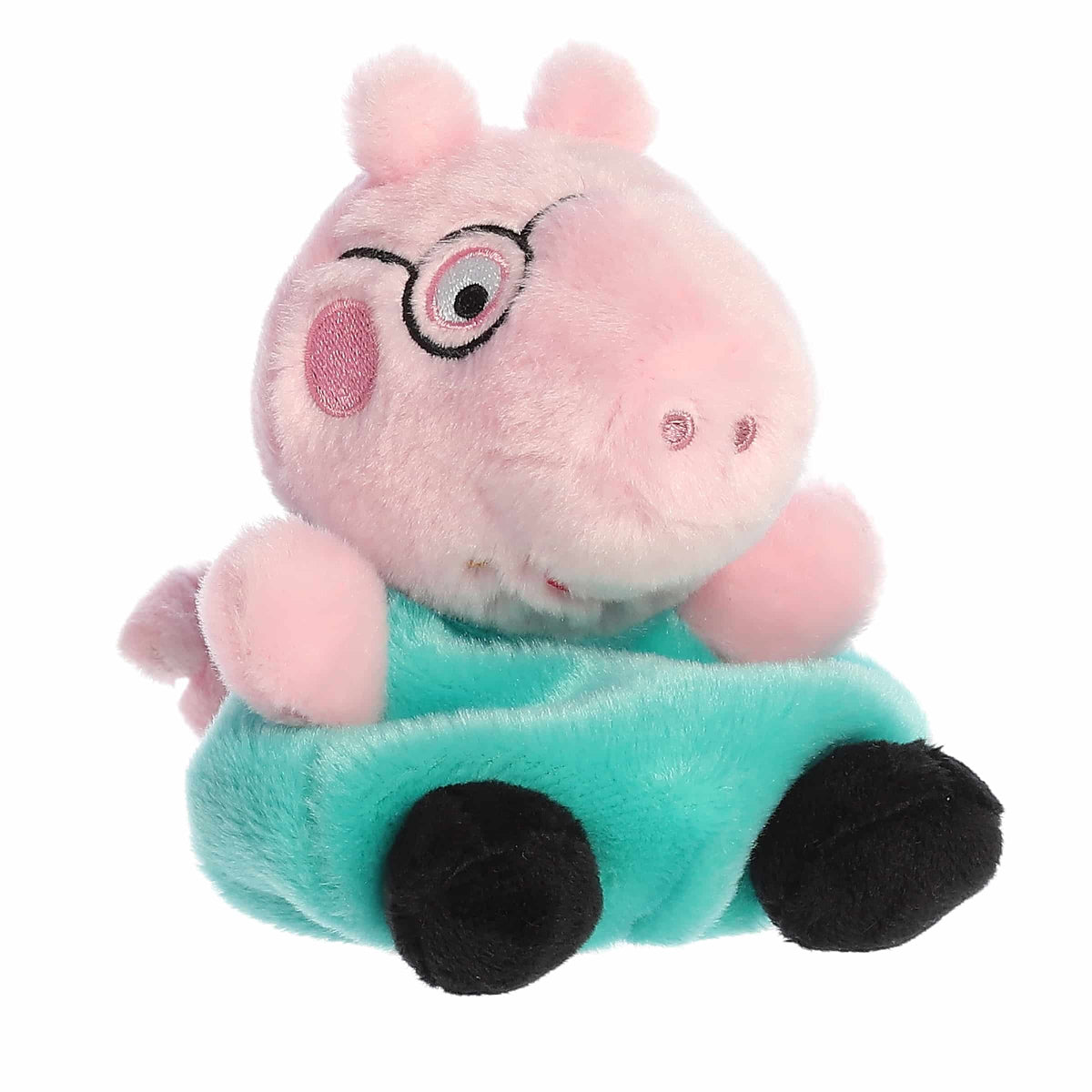 Aurora Palm Pals Daddy Pig 5-inch plush stuffed toy sitting forward with a pink head, black embroidered glasses, and a turquoise shirt.
