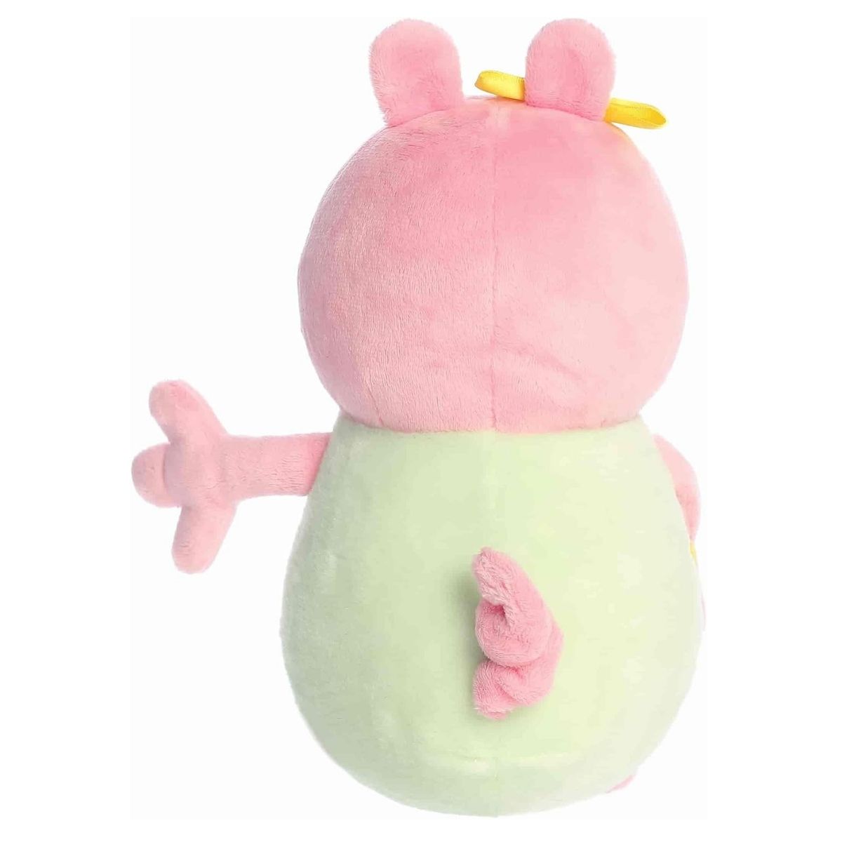 Rear view thumbnail of the Aurora pig stuffed toy showcasing the back of her mint-green polka-dot suit, pink ears, and a cute curly pink tail.