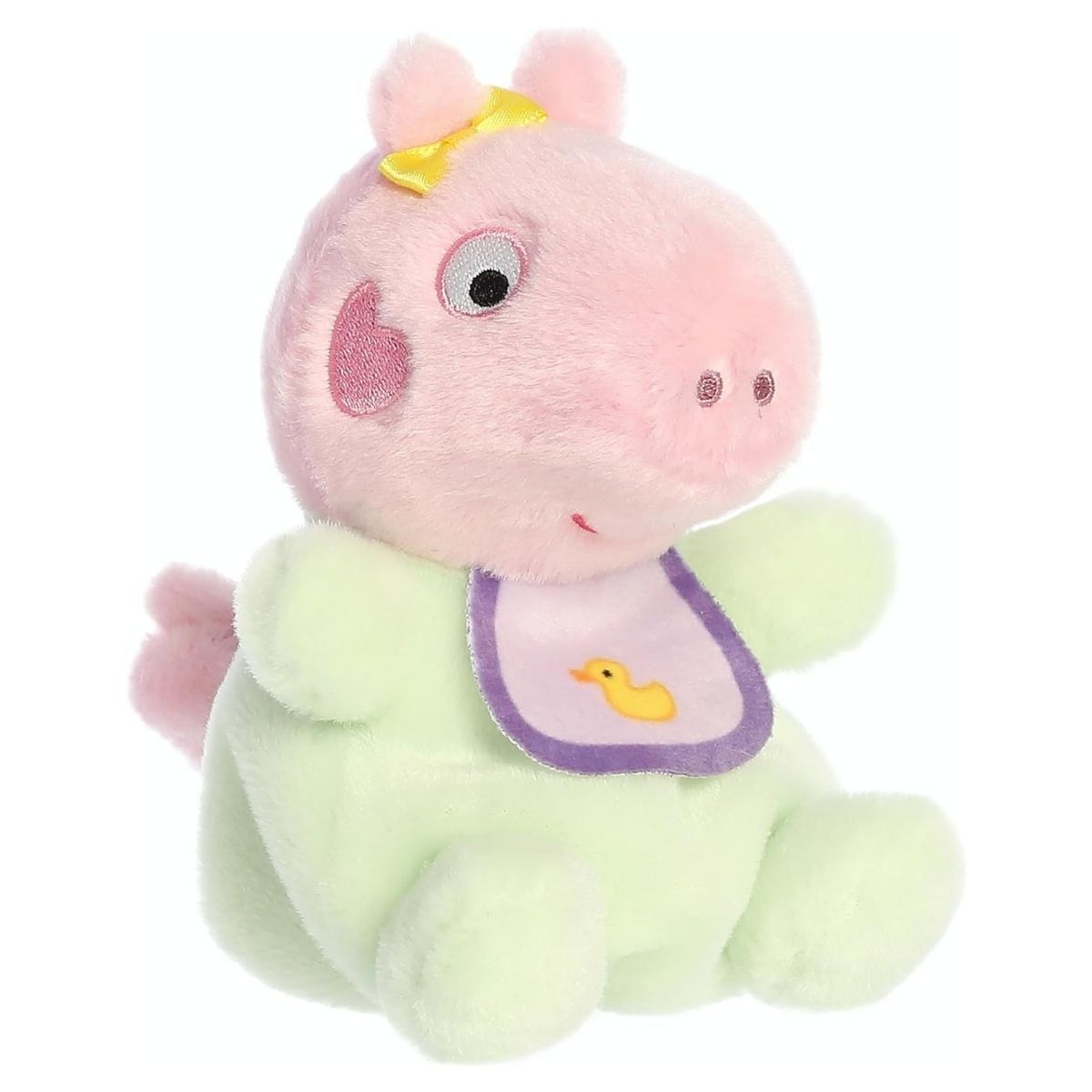 Angled front view of the 5-inch Aurora Palm Pals Peppa Pig Baby Evie stuffed animal sitting upright in light green pajamas.
