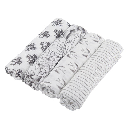 Newcastle Classics Monochrome 100% Natural Cotton Muslin Swaddle Blankets, 4 Pack