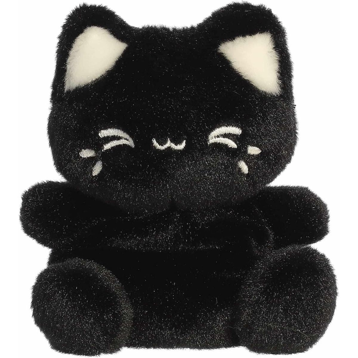 A close-up front portrait thumbnail of the black sesame cat plush showing its white embroidered sleeping eyes and cat whiskers.