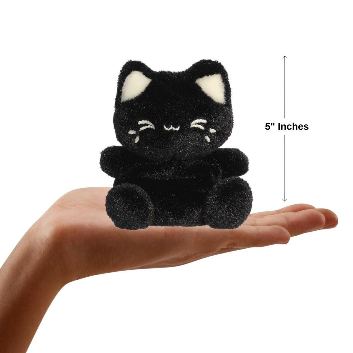 The miniature Black Sesame Meowchi plush sitting inside an open human hand displaying a 5-inch height indicator graphic.