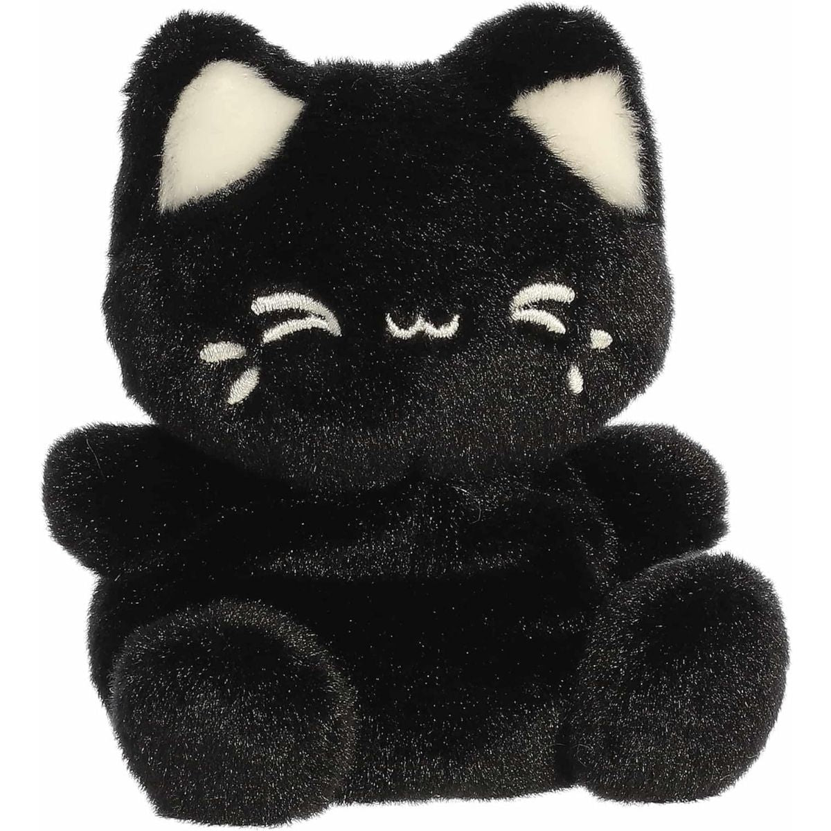 Aurora Palm Pals Black Sesame Meowchi 5-inch plush stuffed toy sitting forward with sleek jet-black fur and cream inner ears.