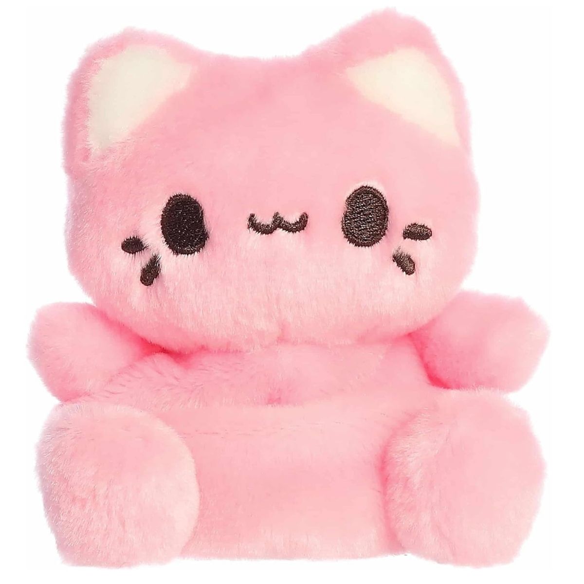 A close-up front portrait thumbnail of the pink Strawberry Meowchi plush showing its embroidered cat mouth and black whiskers.