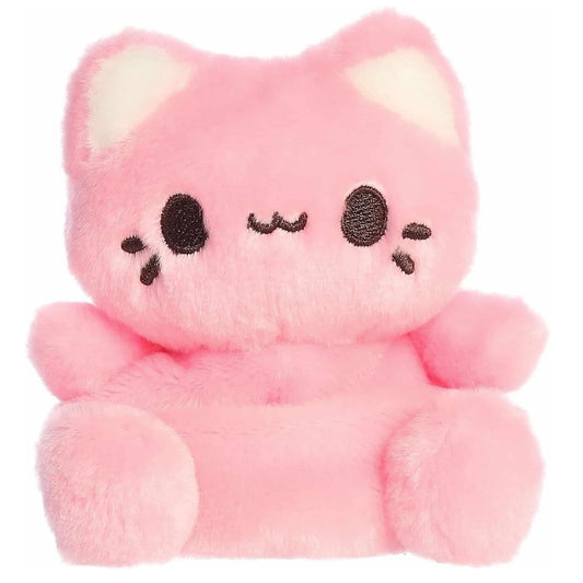 A close-up front portrait thumbnail of the pink Strawberry Meowchi plush showing its embroidered cat mouth and black whiskers.