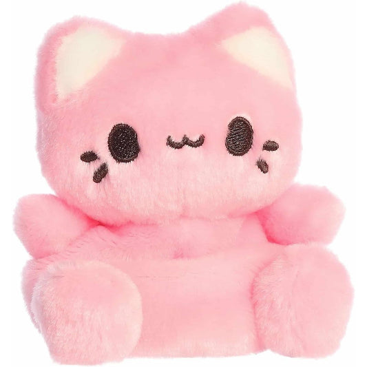 Aurora Palm Pals Strawberry Meowchi 5-inch plush stuffed toy sitting forward with pastel bubblegum pink fur and cream inner ears.