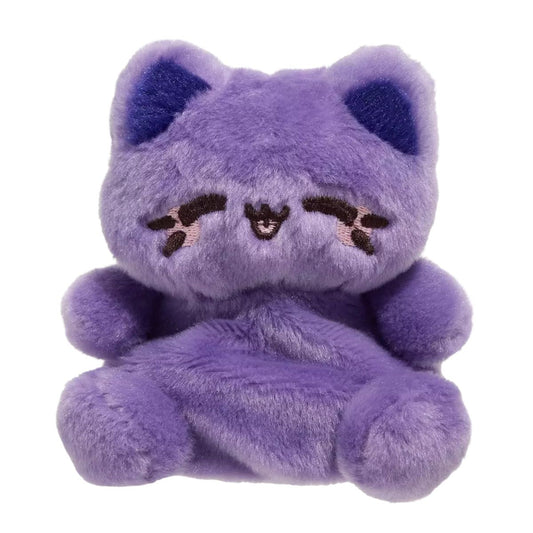 A close-up front portrait thumbnail of the purple Ube Meowchi plush showing its sweetly closed embroidered eyes and cat whiskers.