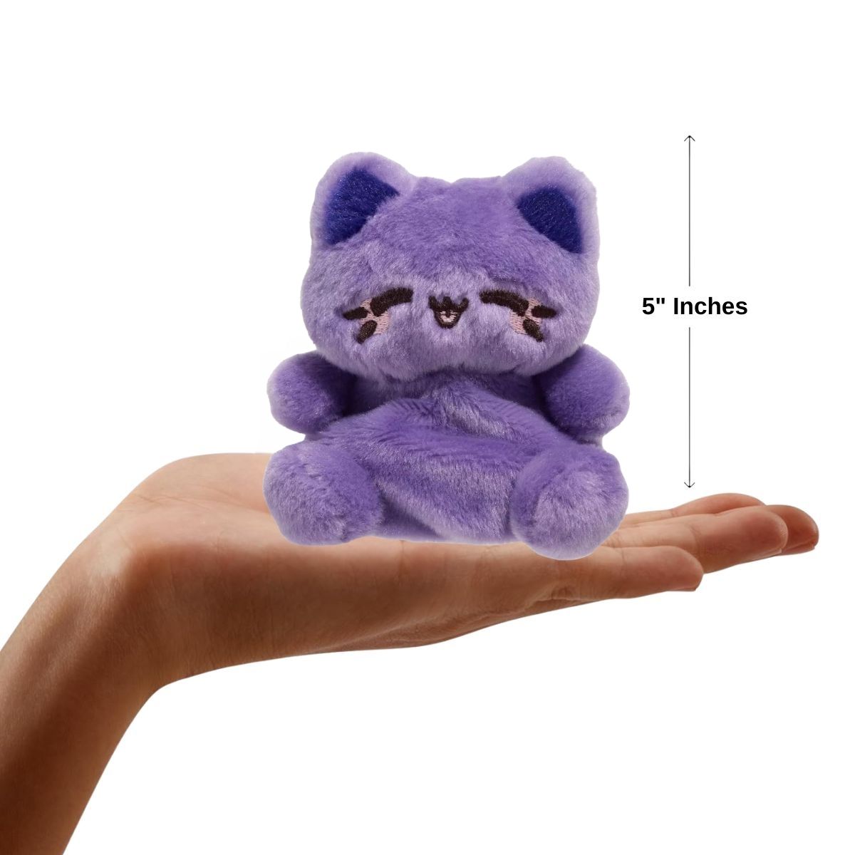 The miniature Ube Meowchi plush sitting inside an open human hand displaying a 5-inch height indicator graphic.