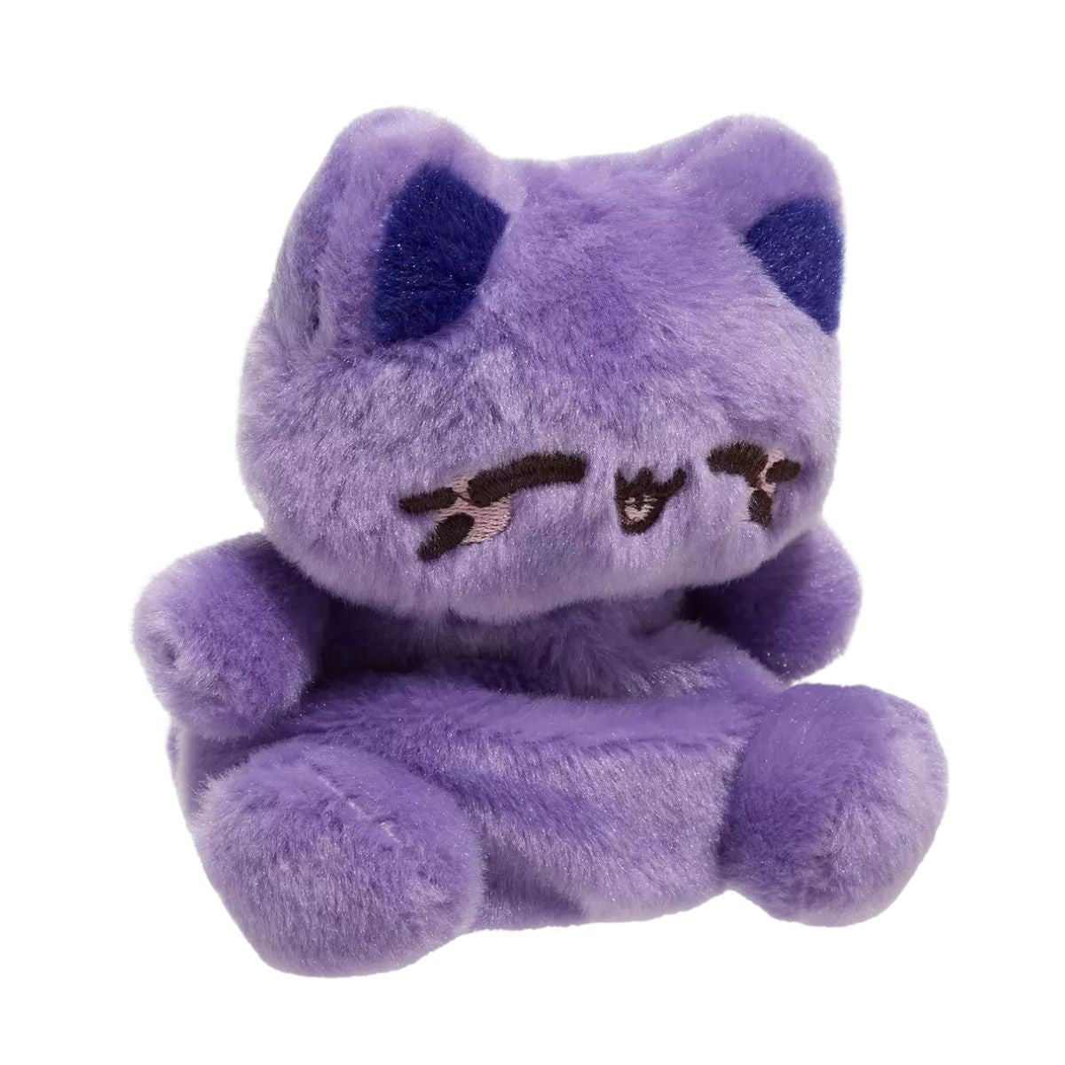 Aurora Palm Pals Ube Meowchi 5-inch plush stuffed toy sitting forward with a deep purple body and dark indigo inner ears.