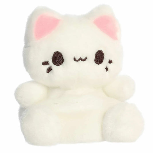 Aurora Palm Pals Custard Meowchi 5-inch plush stuffed toy sitting forward with snow-white fur and pink inner ears.