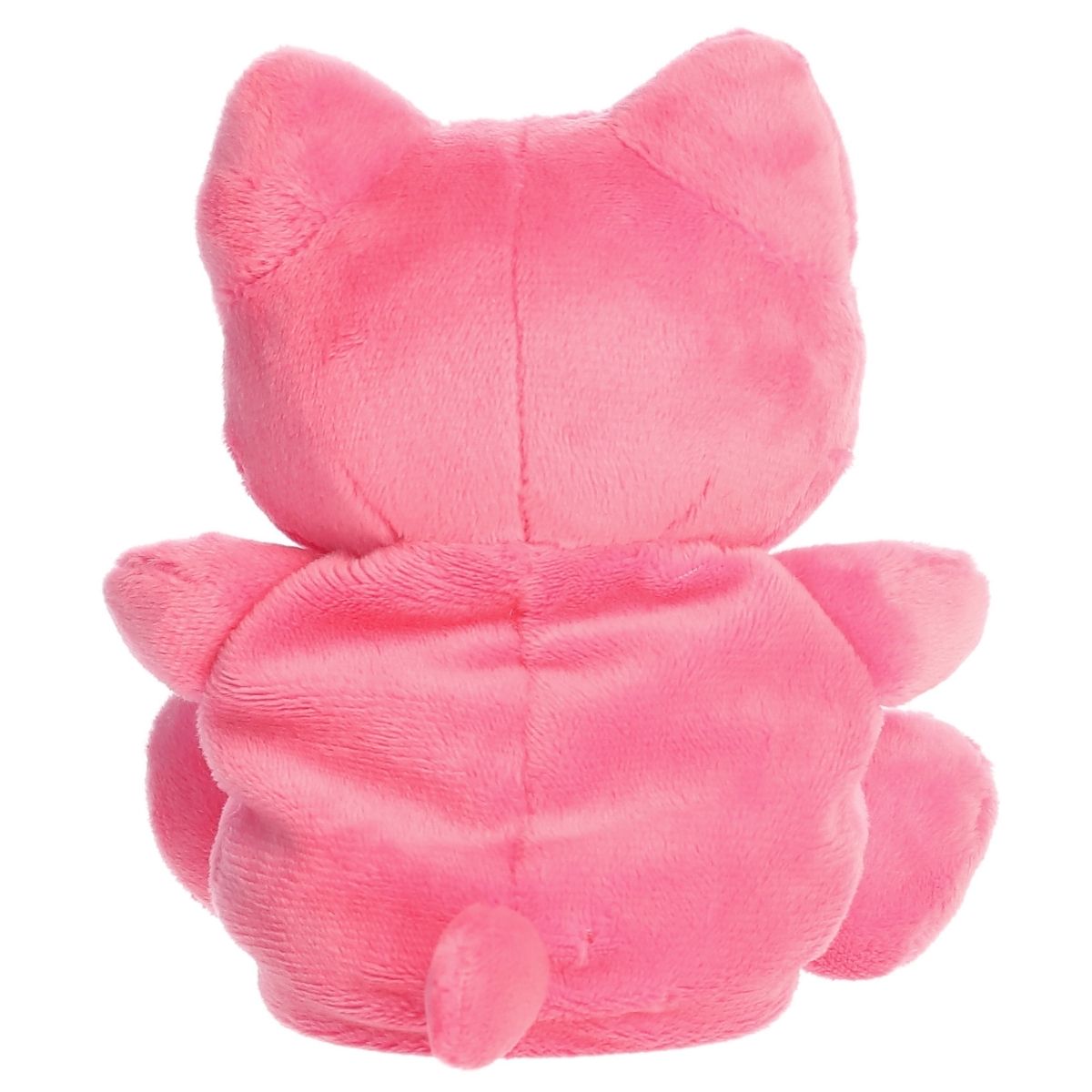 Back view of the Aurora pink cat plush showcasing its soft, bright pink plush texture and tiny tail.