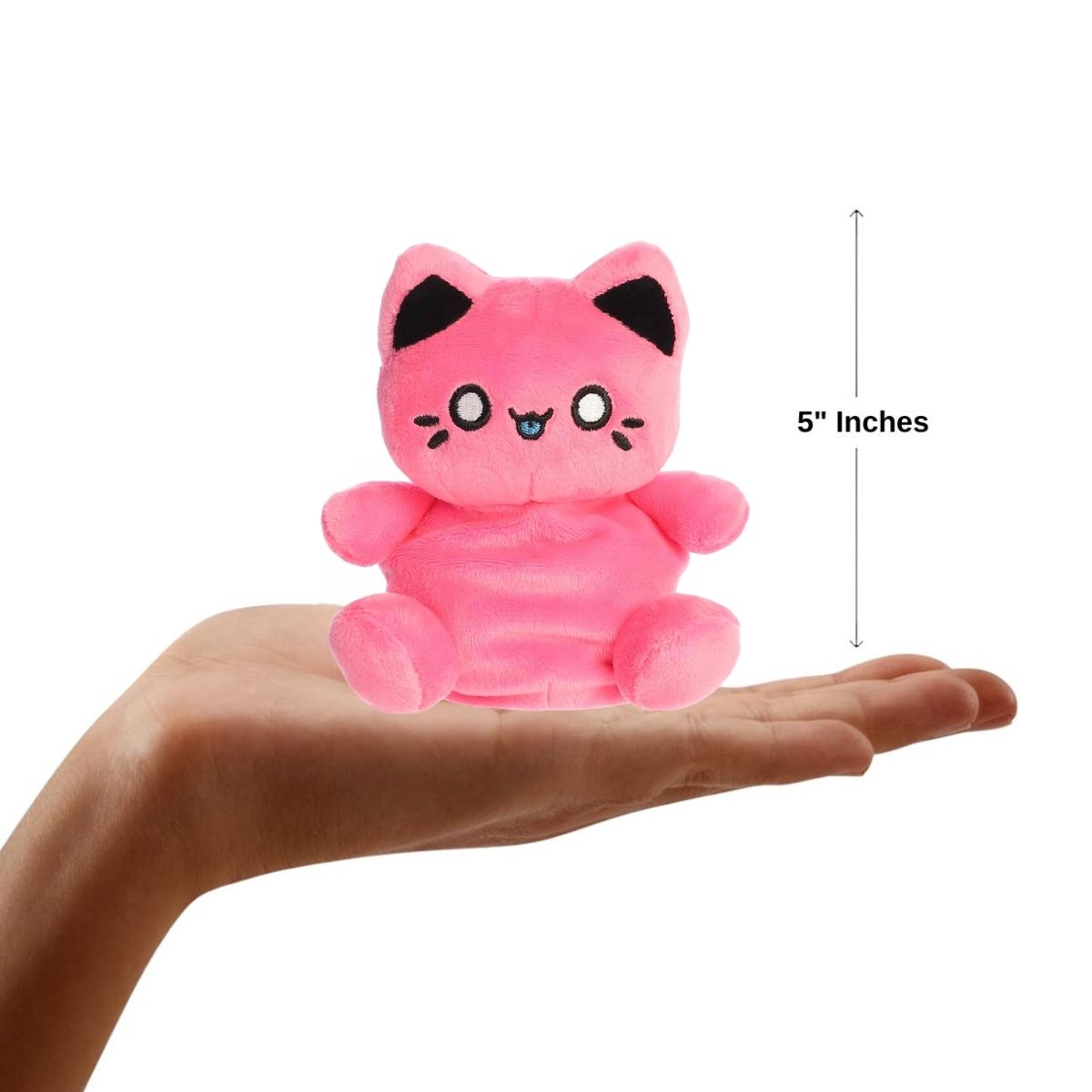 Sizing graphic showing the 5-inch Palm Pals Vivid Pink Meowchi plush sitting perfectly in the palm of a hand to demonstrate its small scale.