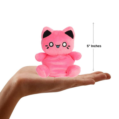 Sizing graphic showing the 5-inch Palm Pals Vivid Pink Meowchi plush sitting perfectly in the palm of a hand to demonstrate its small scale.