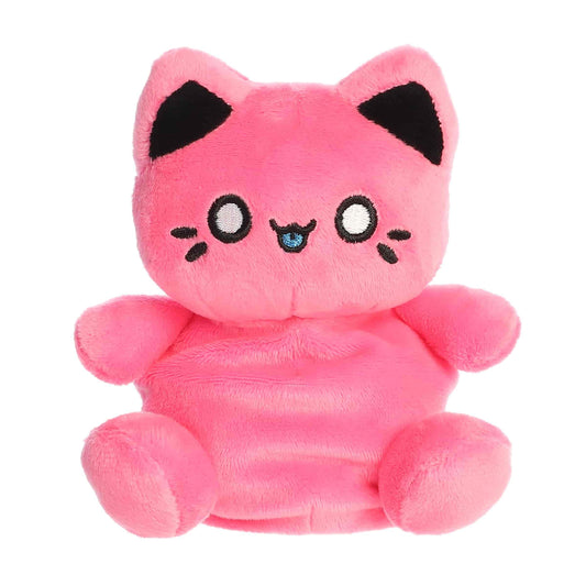 Straight front view of the sitting vivid pink Meowchi plush showing its big anime eyes, cute blue tongue, and black inner ears.