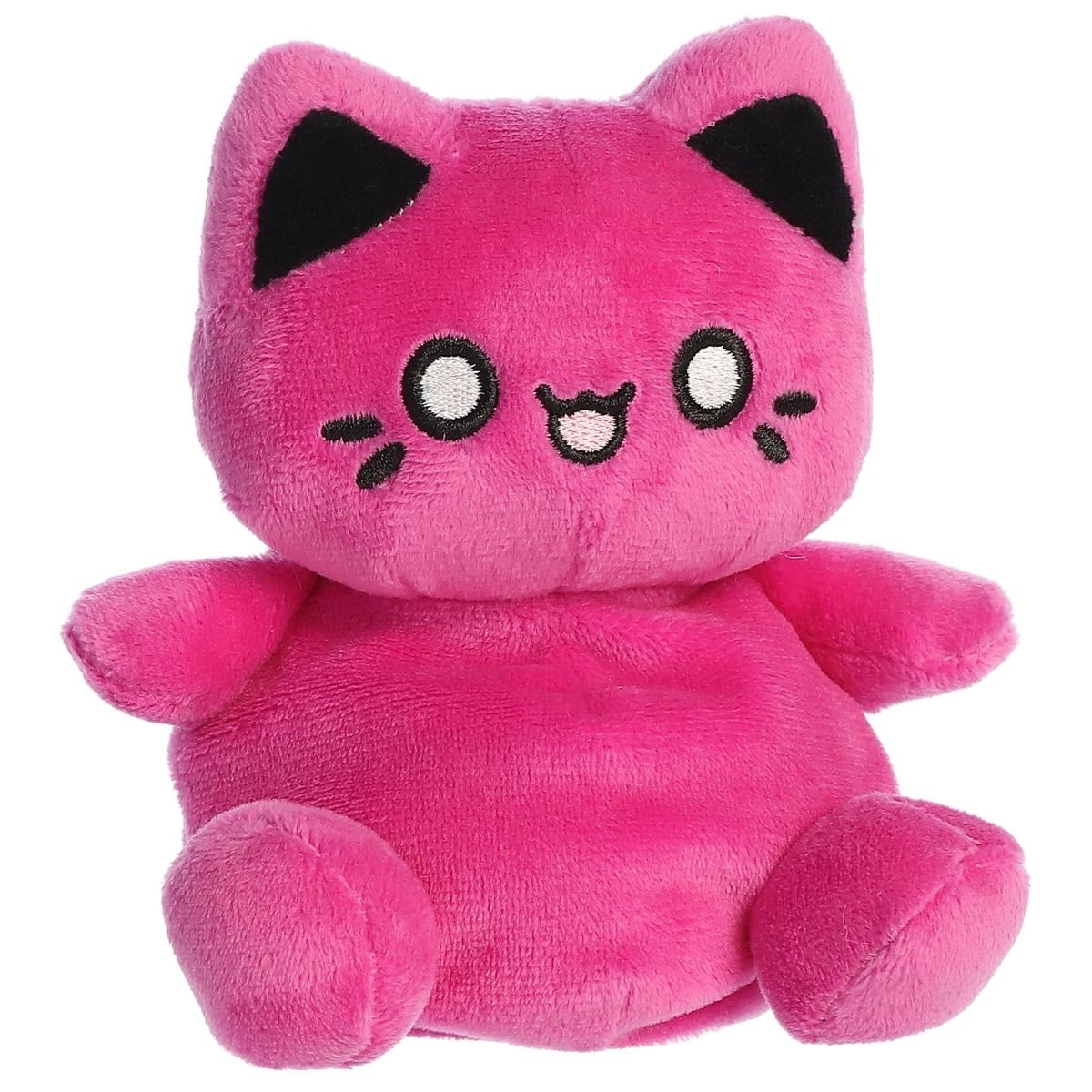 Front angled view of the 5-inch Aurora Palm Pals Tasty Peach Cosmic Purple Meowchi plush toy featuring a bright magenta-purple body and kawaii embroidered face.