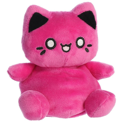 Front angled view of the 5-inch Aurora Palm Pals Tasty Peach Cosmic Purple Meowchi plush toy featuring a bright magenta-purple body and kawaii embroidered face.