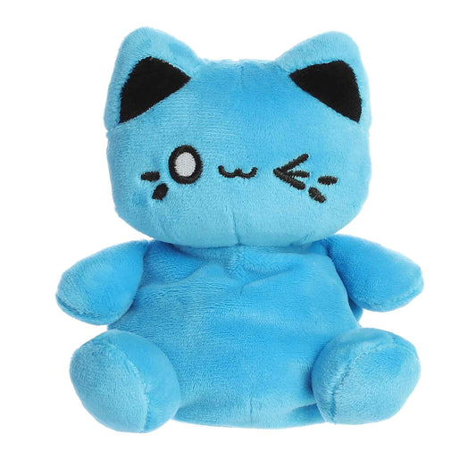 Straight front view of the sitting blue Meowchi plush showing its winking eye, cute mouth, and black inner ears.
