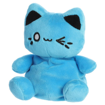 Angled front view of the playful Electric Blue Meowchi sitting happily on its little plush paws.