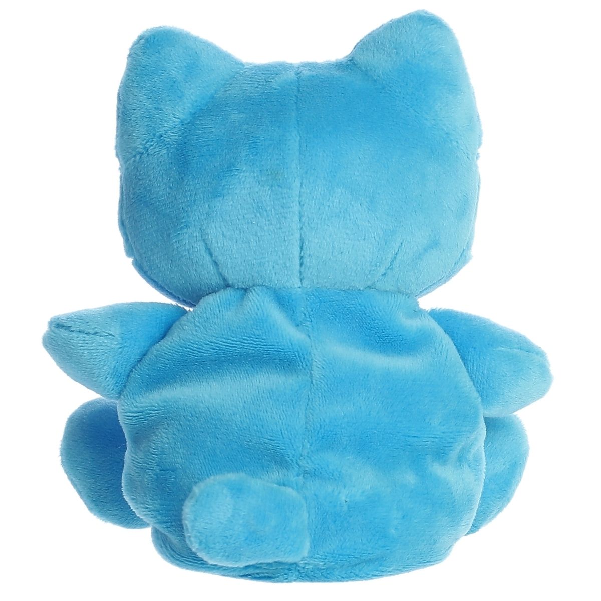 Back view of the Aurora blue cat plush showcasing its soft, bright blue plush texture and tiny tail.