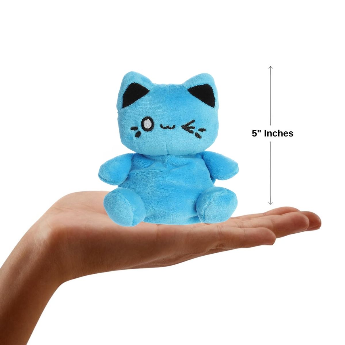 Sizing graphic showing the 5-inch Palm Pals Electric Blue Meowchi plush sitting perfectly in the palm of a hand to demonstrate its small scale.