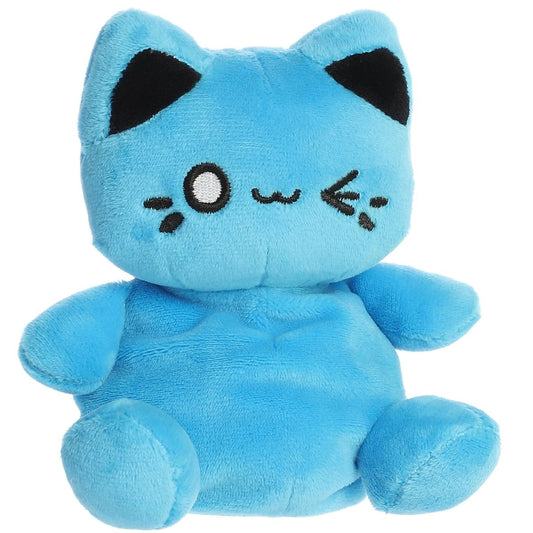 Front angled view of the 5-inch Aurora Palm Pals Tasty Peach Electric Blue Meowchi plush toy featuring a bright blue body and kawaii winking face.
