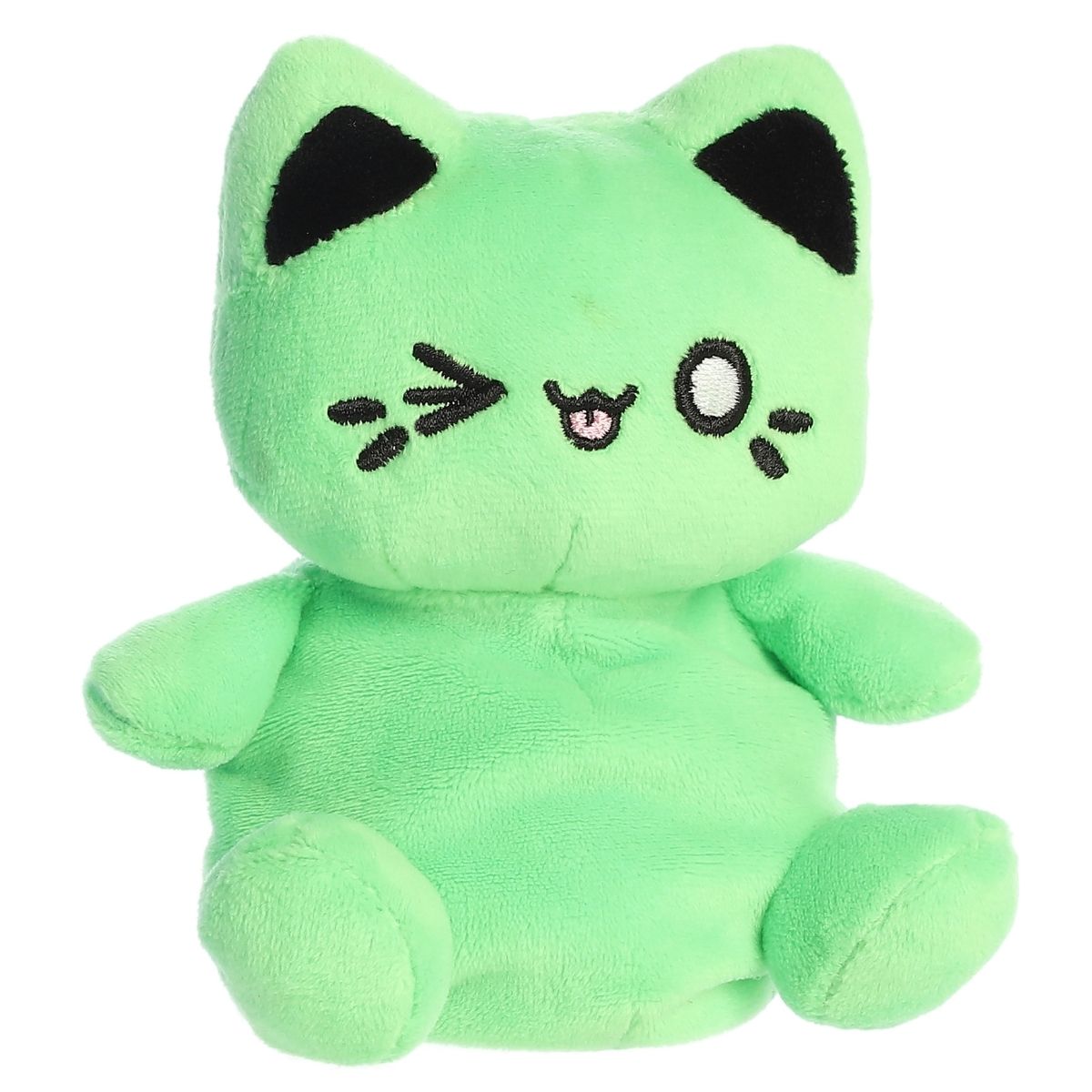 Front angled view of the 5-inch Aurora Palm Pals Tasty Peach Toxic Green Meowchi plush toy featuring a bright green body and kawaii winking face.