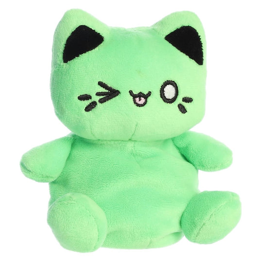Front angled view of the 5-inch Aurora Palm Pals Tasty Peach Toxic Green Meowchi plush toy featuring a bright green body and kawaii winking face.