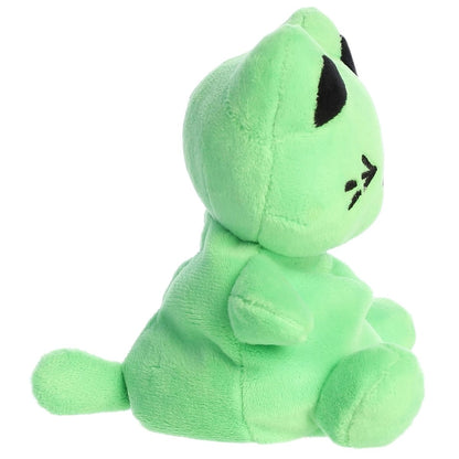 Side profile view of the Palm Pals Toxic Green Meowchi highlighting its plump, rounded shape and little plush tail.