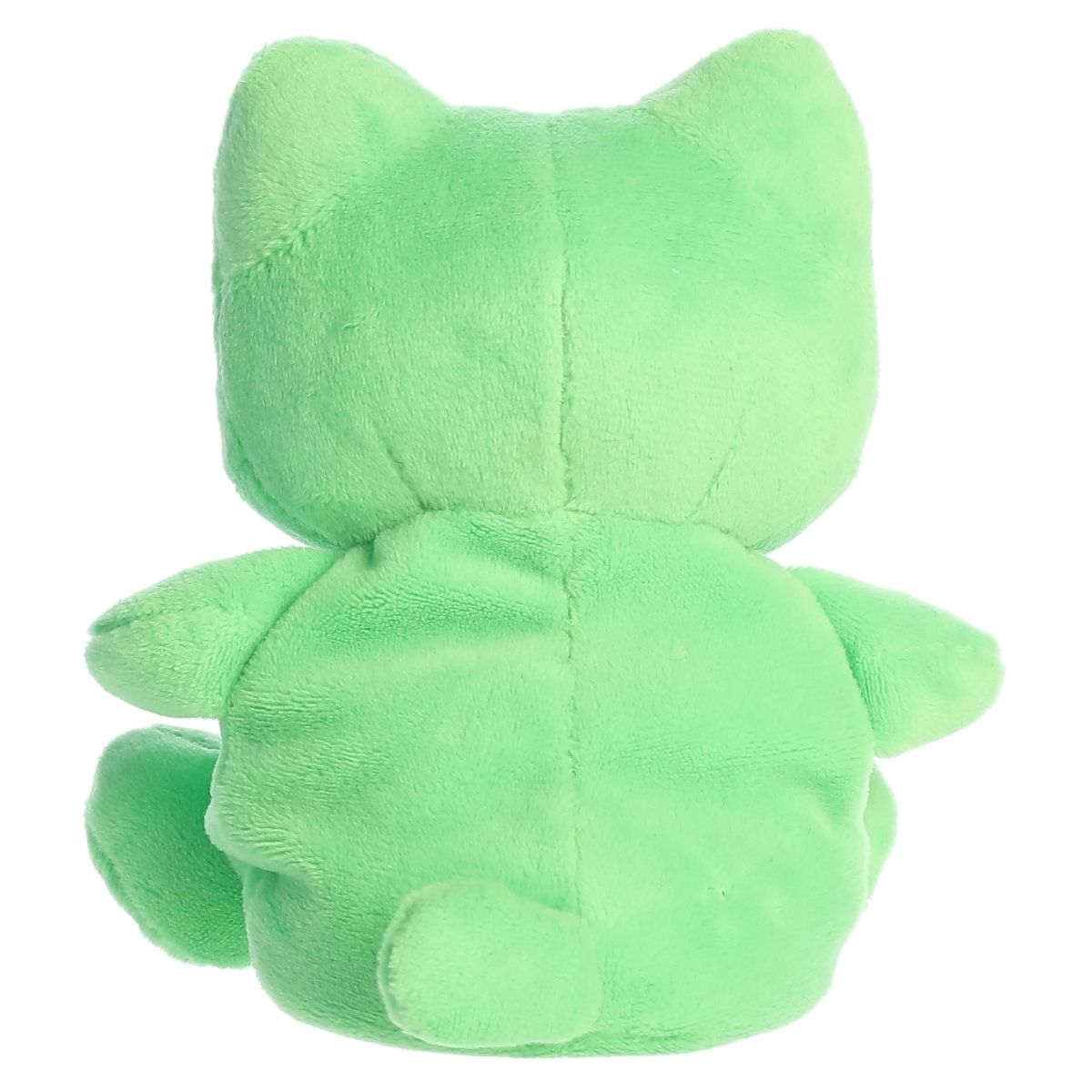 Back view of the Aurora green cat plush showcasing its soft, bright green plush texture and tiny tail.