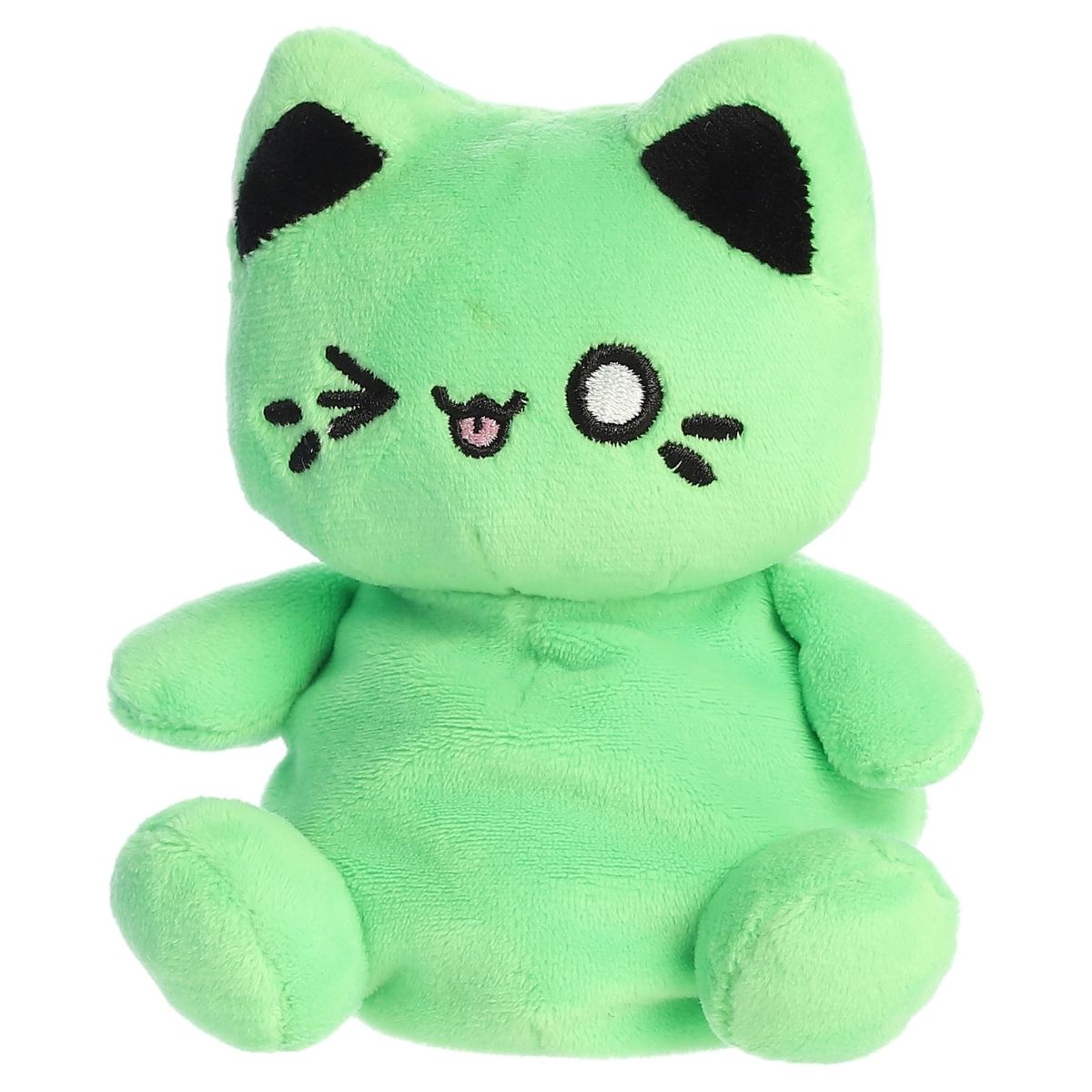 Angled front view of the playful Toxic Green Meowchi sitting happily on its little plush paws.