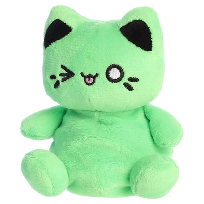 Angled front view of the playful Toxic Green Meowchi sitting happily on its little plush paws.