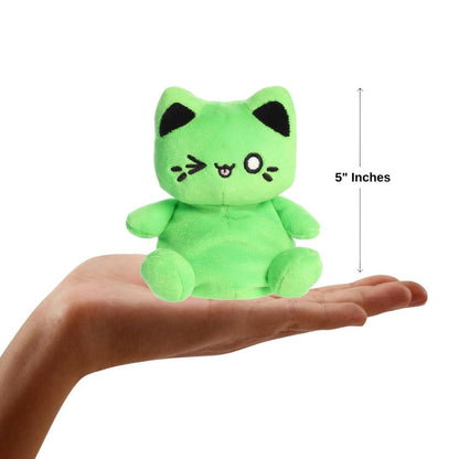Sizing graphic showing the 5-inch Palm Pals Toxic Green Meowchi plush sitting perfectly in the palm of a hand to demonstrate its small scale.