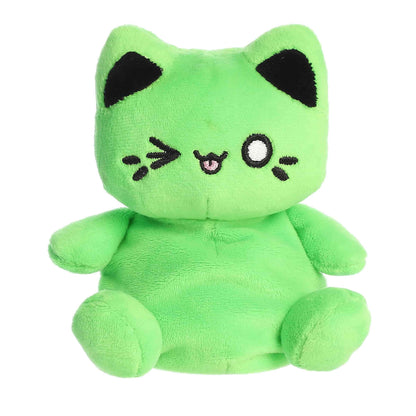 Straight front view of the sitting green Meowchi plush showing its winking eye, little tongue, and black inner ears.