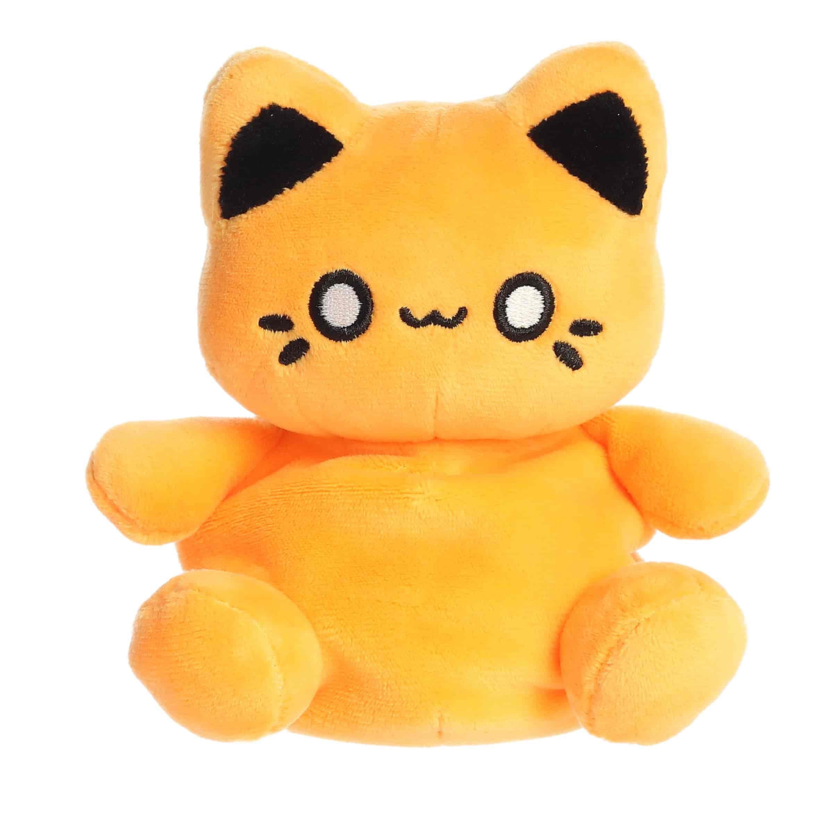 Straight front view of the sitting orange Meowchi plush showing its big anime eyes, cute mouth, and black inner ears.