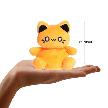 Sizing graphic showing the 5-inch Palm Pals Kinetic Orange Meowchi plush sitting perfectly in the palm of a hand to demonstrate its small scale.