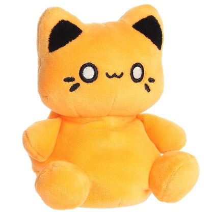 Front view of the 5-inch Aurora Palm Pals Tasty Peach Kinetic Orange Meowchi plush toy featuring a bright orange body and kawaii embroidered face.