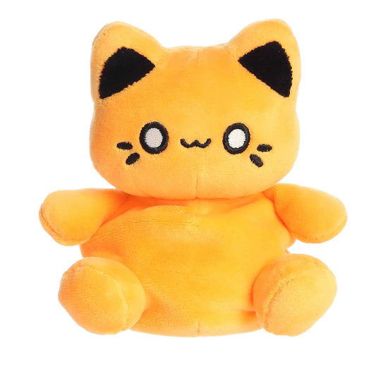 Plush toy of a cartoon cat with black accents on a white background