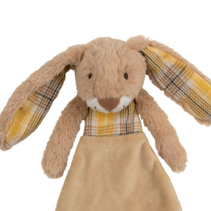 Close-up of the Happy Horse Rabbit Riley plush security blanket highlighting the embroidered eyes and plaid collar.