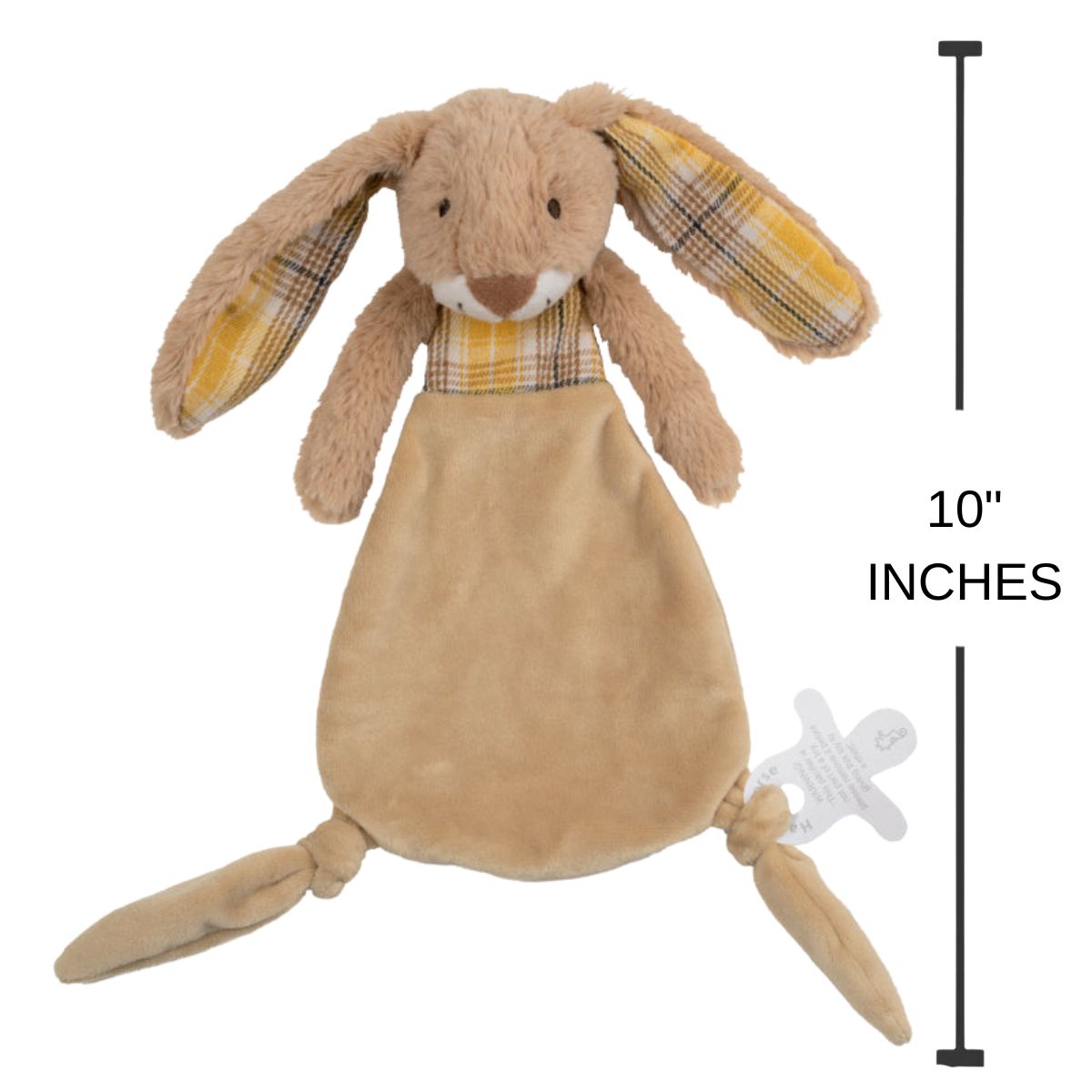 Happy Horse Rabbit Riley plush security blanket displaying a 10-inch height indicator graphic.