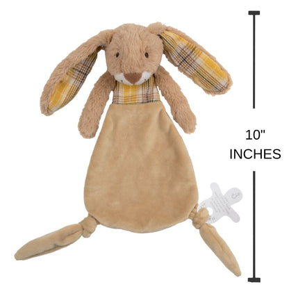 Happy Horse Rabbit Riley plush security blanket displaying a 10-inch height indicator graphic.