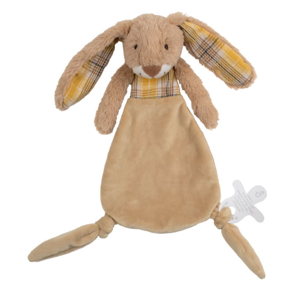 Happy Horse Rabbit Riley tan plush security tuttle blanket with yellow and brown plaid ears on a white background.