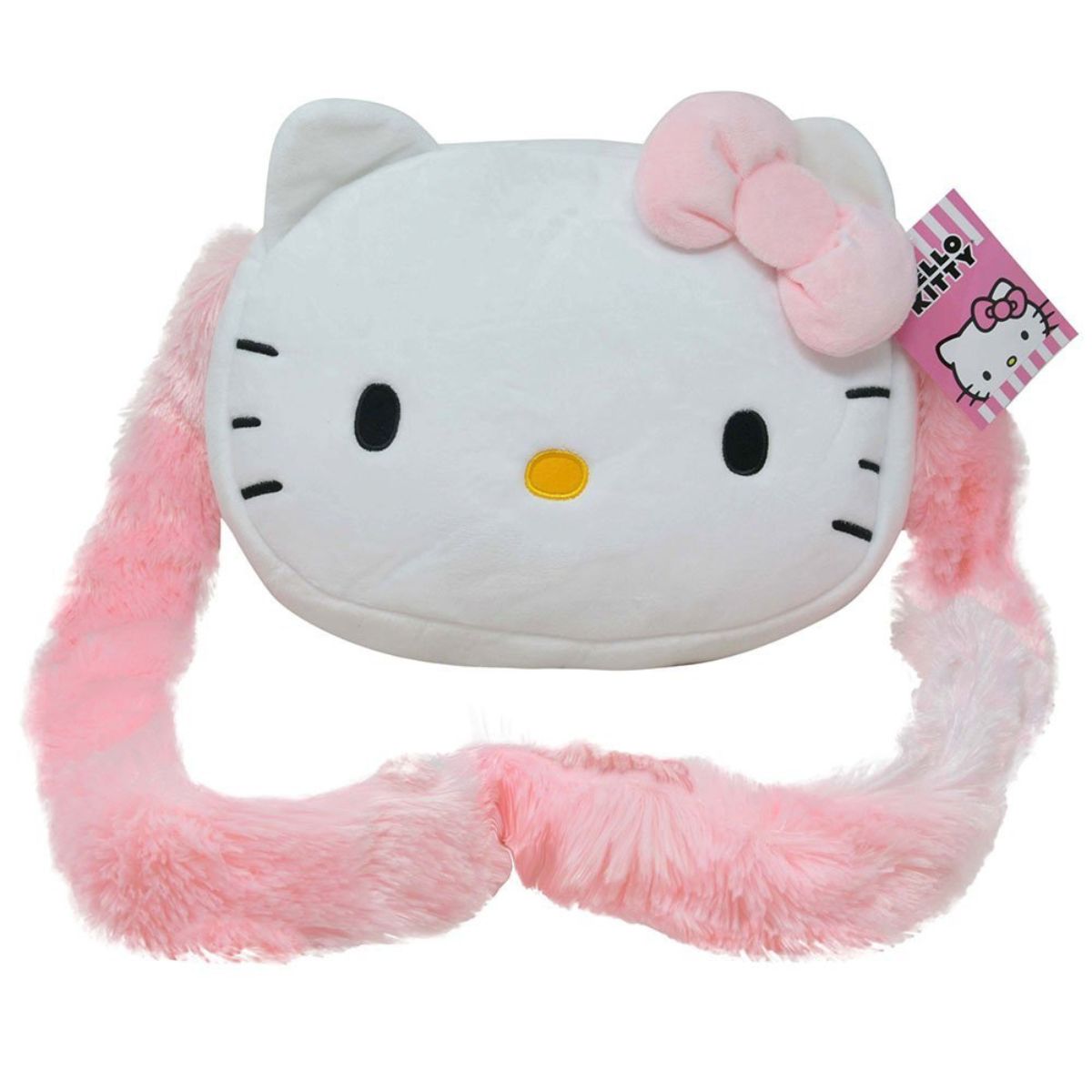 Front view of the Hello Kitty 12-inch big face plush crossbody bag featuring a soft white face, pink plush bow, and fluffy pink shoulder strap.