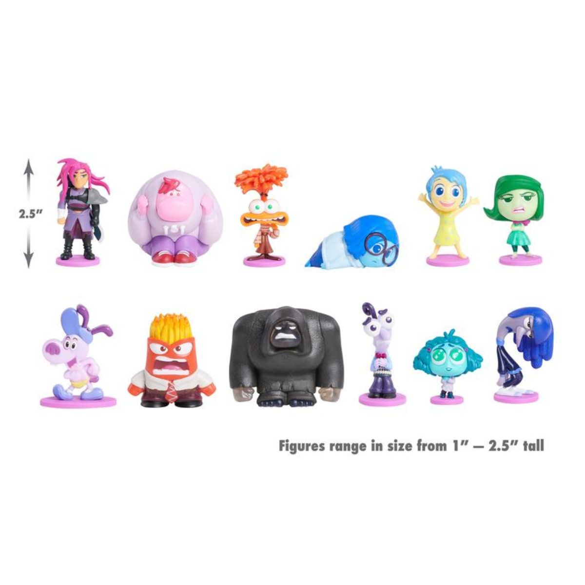 A collection lineup of the Inside Out 2 figures displaying their scaled heights from 1 inch to 2.5 inches tall against a white background.