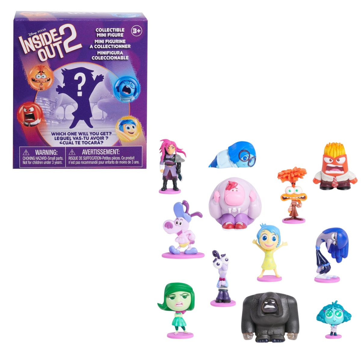 Disney Pixar Inside Out 2 mini mystery blind box packaging next to a full group assortment of 11 different emotion figures.
