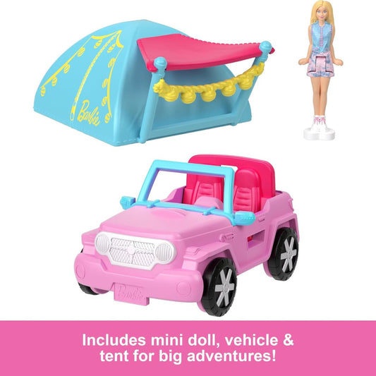 Barbie Mini BarbieLand 1.5" Inch Doll with Color-Changing Jeep & Tent Vehicle Set