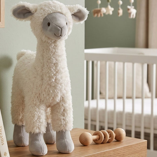 Happy Horse Llama Linden plush toy standing on a wooden dresser next to a wooden baby rattle with a white nursery crib in the background.