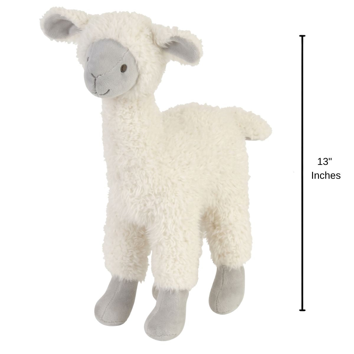 Happy Horse Llama Linden plush standing upright with a 13-inch height indicator graphic next to it.