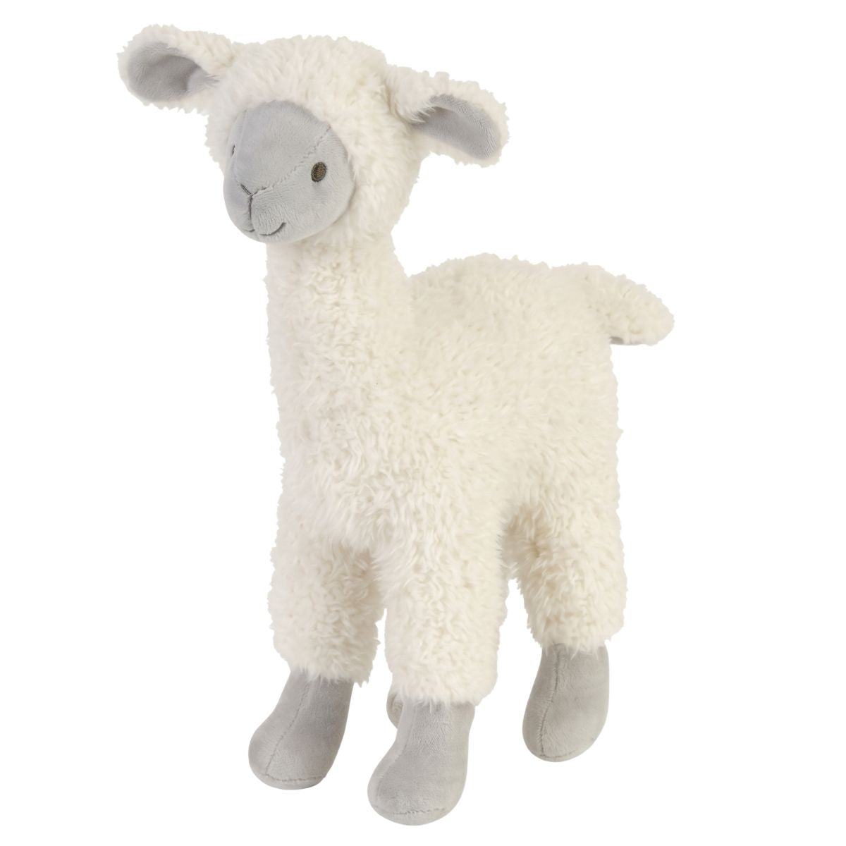 Happy Horse Llama Linden No. 2 fluffy cream and grey plush stuffed animal standing against a white background.