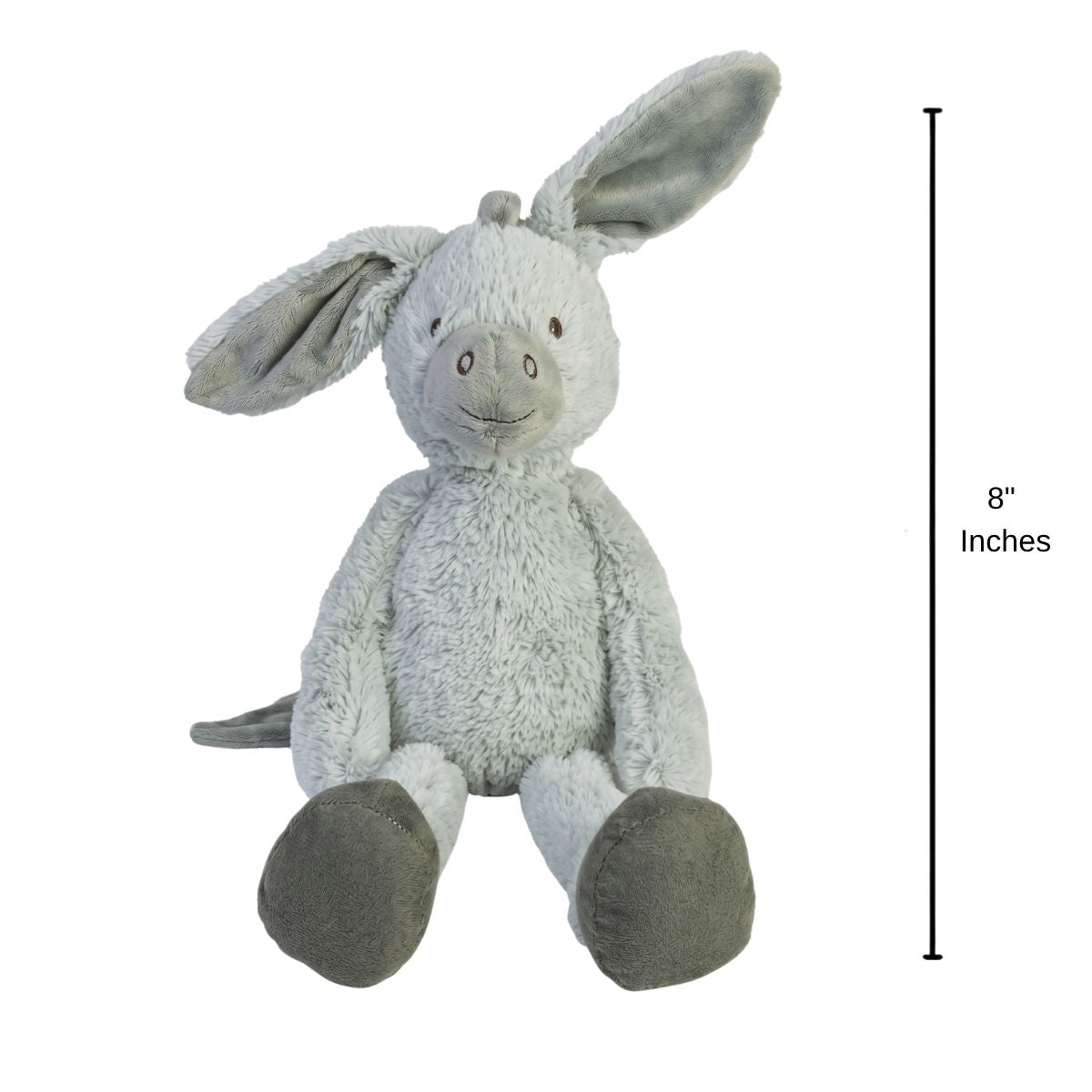 Happy Horse Donkey Diego plush donkey sitting upright with an 8-inch height indicator graphic next to it.
